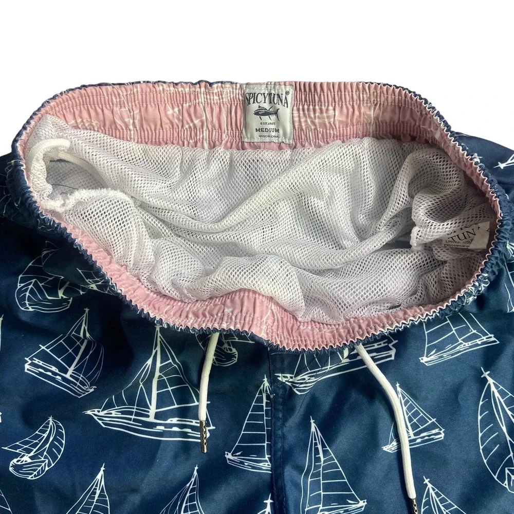 SPICY TUNA Swim Lined Trunks Shorts Summer Sail Boat Blue Draw String Sz M   OST